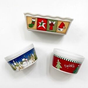 Century Christmas/winter print mini bread pan + two ramekins